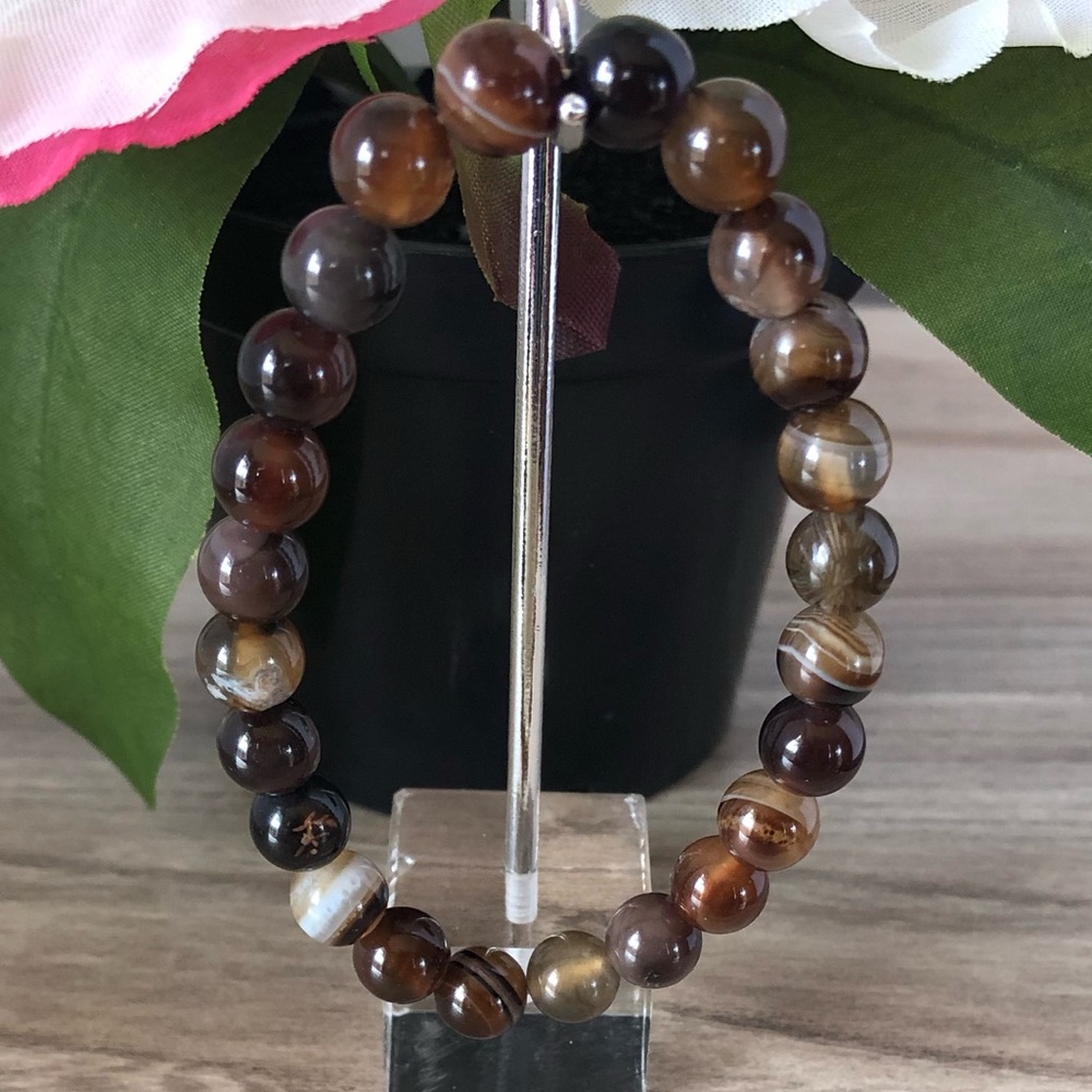 Brown Agate Natural Stone Beads Stretchable Bracelet 7" - 8mm Beads